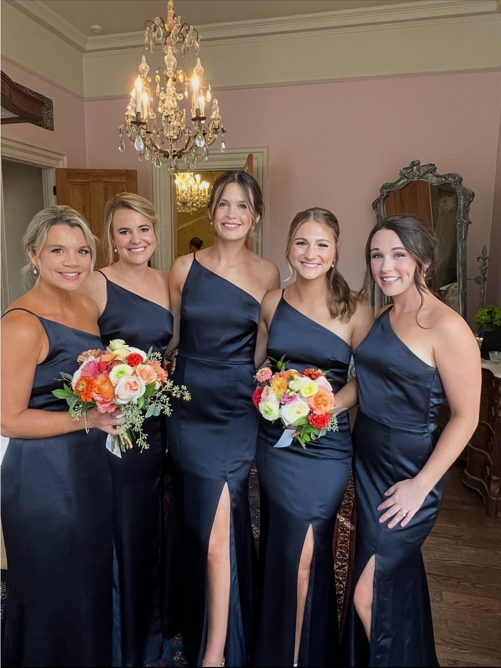 Elegant One-Shoulder Navy Satin Bridesmaid Dress midnight navy amsale